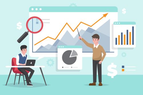 analisis data keuangan yang menampilkan dua orang pria sedang mempresentasikan grafik pertumbuhan dan statistika bisnis