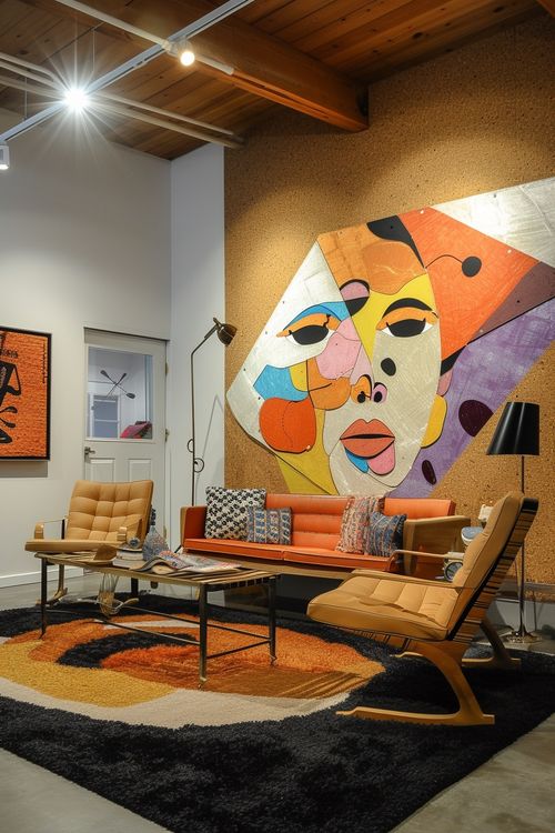 Eclectic 70s-living room with cork wall and abstract portrait art