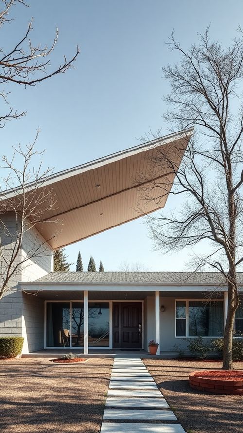 Exterior view of a mid-century modern house featuring large overhanging eaves.