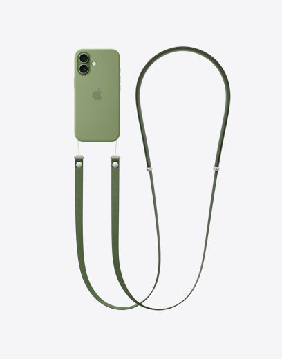 iPhone 17, back exterior, sage case with Cross Body strap attached