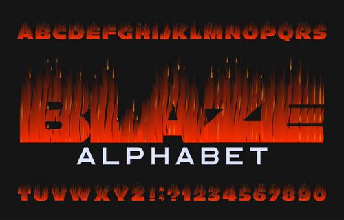 Blaze alphabet font. Flame effect type letters and numbers on dark background. Blaze alphabet font. Flame effect type letters and numbers on dark background. Stock vector typeface for your design. flame-font stock illustrations