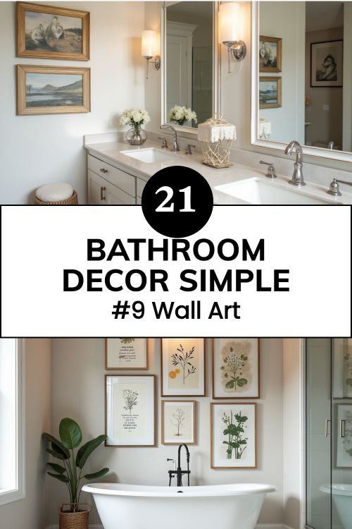 A gallery wall in a modern bathroom with art pieces and a mirror