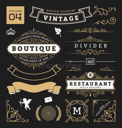 Set of retro vintage graphic design elements. Sign, frame labels, ribbons, logos symbols, crowns, flourish line and ornaments. Vector illustration. Vintage graphic design vectors
