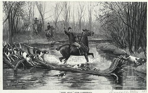"Gone Away" Over Caneseraga - Engraving of men on horseback and their hounds crossing a small river while on a fox hunt in Tennessee Valley.