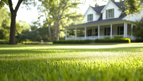 A serene view of a lush lawn in front of a charming house. photo
