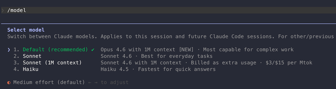 Claude Code Select Model 選單，Opus with 1M context 為預設
