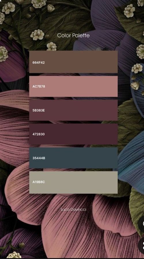 the color palette is shown in shades of pink, purple and green with white flowers