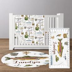 YISMEET Custom Baby Crib Bedding Set, Personalized Name Fishing Theme Design Crib Set 3 Pcs, Soft Double Layer Blanket, Crib Sheet & Room Rug, Ideal Nursery Decor Gift for Baby Girls Boys