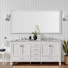 Eviva Aberdeen 60" White Bathroom Vanity with Sink - Porcelain Round 60 inch Bathroom Vanity Double Sink - Solid Wood 60" Vanity Bathroom Sink with Legs -Carrara Quartz Top Double Vanity Sink Cabinet