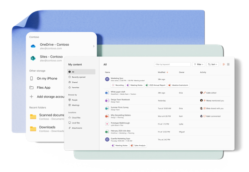 Desktop and mobile app screenshots representing the organizational components of Microsoft 365