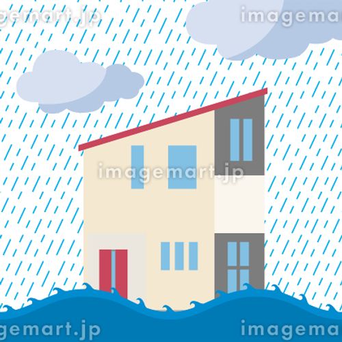 一戸建て　住宅住居、家の洪水、豪雨水害のイラスト　損害保険自然災害イメージ ストローク,アイコン,シンボルのイラスト素材