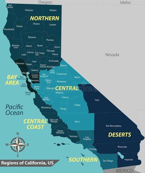 Vector of California state of the United States with regions and counties map. California bay area map vectors