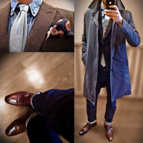 Men's Suits Double Monks, Men's Semi-formal Wear Casual Moc Toe Loafers For Semi-formal Wear, Overcoat With Dress Shirt, Casual Moc Toe Oxfords For Semi-formal, Semi-formal Monk Strap Shoes With Moc Toe, Brown Brogues Men Outfit, Wingtips With Jeans, Double Monk Strap With Jeans, Brown Wingtips Outfit Men, Monk Straps With Jeans