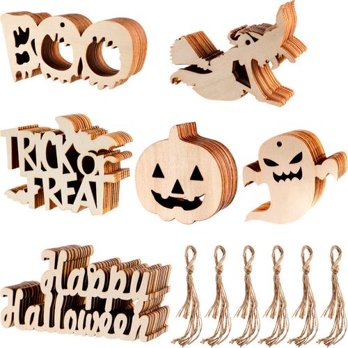Sumind 60 Pieces Halloween Wooden Slices Wooden Gift Tags Blank Wood Hanging Ornaments Cutouts Crafts with 60 Pieces Twine...