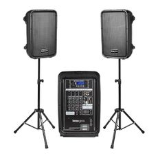 Knox Gear Dual Speaker and Mixer Set–Portable 8” 300 Watt DJ PA System with Wired Microphone & Tripod Stands, Amplifier, Bluetooth, USB, SD, 1/4” Line RCA, XLR Inputs, Ideal for a Party or Event