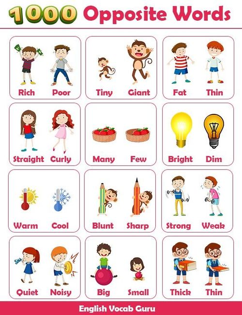 an english poster with words and pictures for opposite words, including the words in different languages