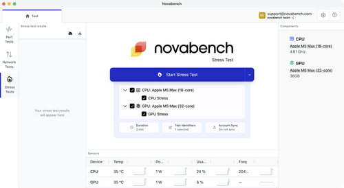 Novabench stress test configuration screen with CPU and GPU stress workloads selected and real-time sensor monitoring