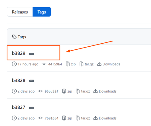Screenshot of a list of releases in the tags tab, with a box around and arrow pointing to a zip file