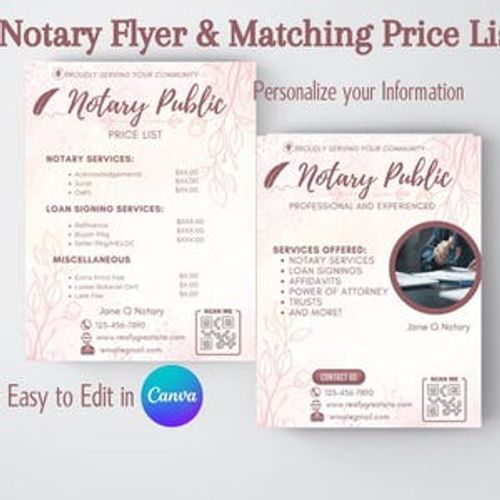 Notary Flyer and Price List Template Digital Notary pricing Customizable Fee Schedule Professional Notary Rates Printable Notary Price List