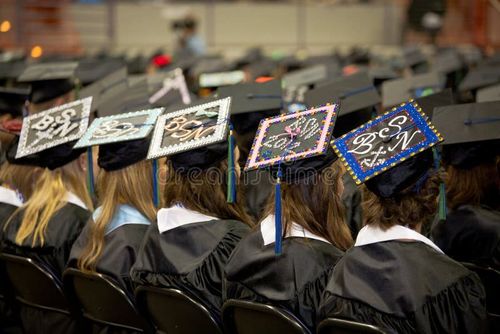 A row of students graduating with Bachelors of Science in Nursing. Nurses are in high demand and these students will likely have jobs as soon as they exit the building. Bachelors degree stock images, royalty-free photos and pictures