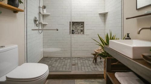 sunken split level small bathroom walk in shower idea