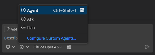 Screenshot showing the agent picker in the Chat view.