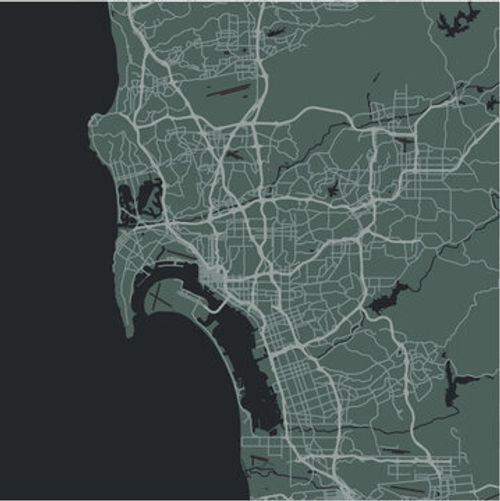 Map of San Diego in California in a smooth dark style. Contains layered vector with roads water, parks, etc.