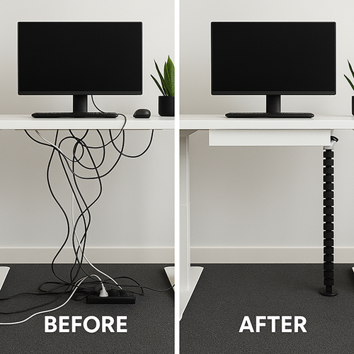 Before and after standing desk cable management