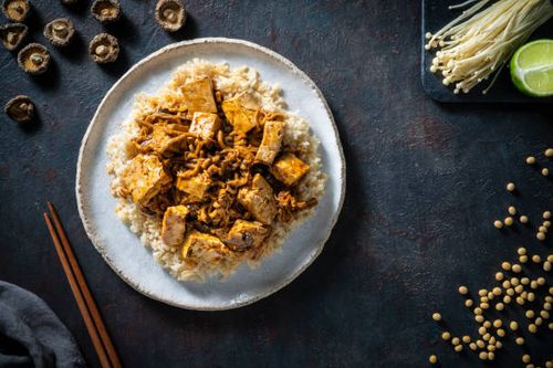 mapo tofu with brown rice vegan plant based asian recipe - douban stock pictures, royalty-free photos & images