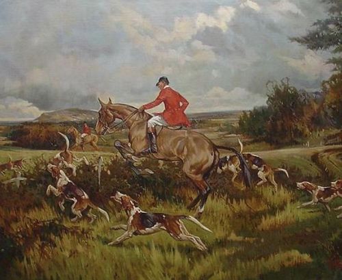 a painting of a man riding on the back of a horse with hounds running behind him