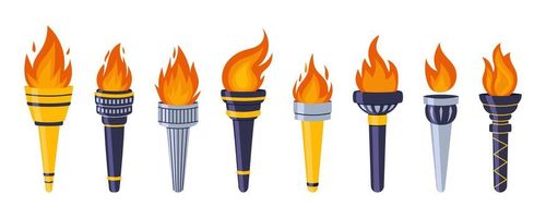 Torches with burning fire flame set. Different shapes torch flaming. Symbol competition, sport, games, victory, championship. Vector illustration isolated in cartoon style