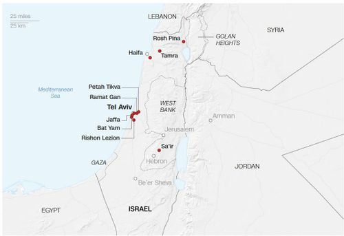 Locations map in israel hit by Iranian strikes