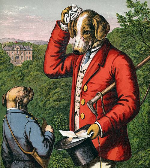 Children's illustration of a dressed foxhound at his country manor, 1883. Colored lithograph.