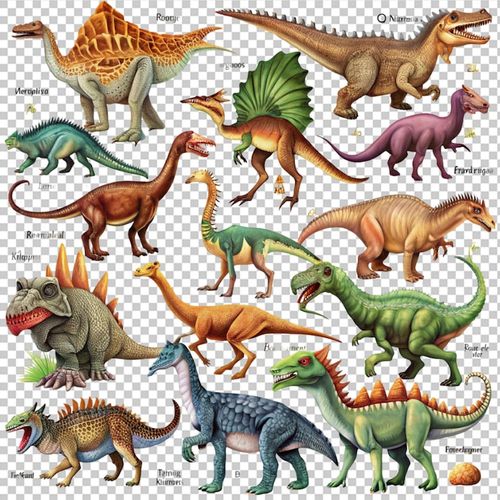 PSD differenttypesofdinosaurswithnames on transparent background