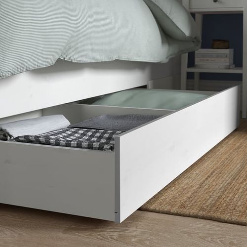 HEMNES Bed frame with 4 storage boxes, white stain, King