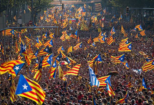 Demonstrators march during a Pro-Independence demonstration as part of the celebrations of the National Day of Catalonia on September 11, 2014 in...
