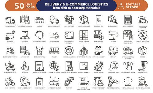Delivery and E-commerce logistics icon set. Thin line editable stroke icons. Online shopping, shipping, tracking, courier services, warehouse, payment, customs, transportation, supply chain operations Vector eps10 import export stock illustrations