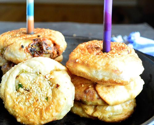 Close-up of freshly made Donghe Meat Pancake