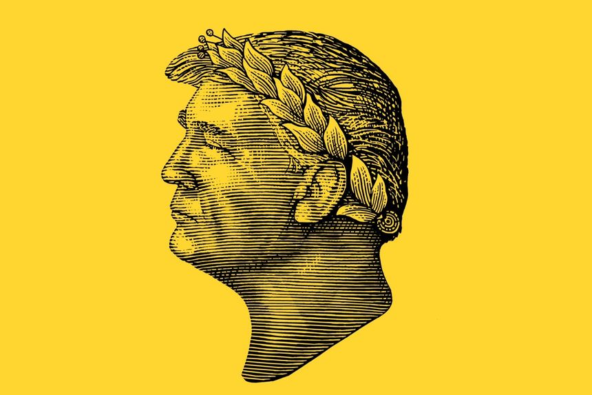 A woodcut style illustration depicts Donald Trump as Julius Caesar