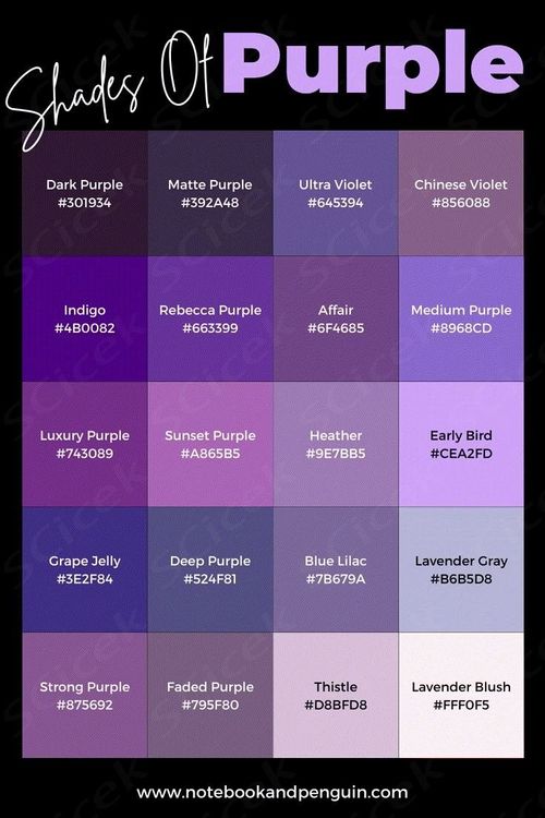 Here you will find a purple color code chart with over 95 different purple shades. Includes purple color names, purple hex codes and purple RGB values. Hair Color Hex Codes, Purple Rgb, Purple Color Names, Purple Hex, Purple Color Code, Purple Names, Purple Palette, Hair Color Chart, Hex Codes