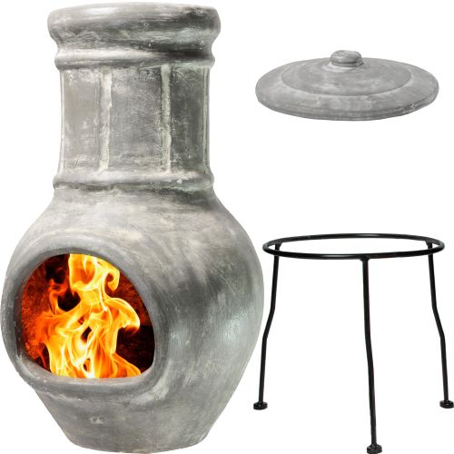 Wiosi Small Chiminea Outdoor Fireplace Grey –Clay Chimineas with Chimney Rain Lids and Solid Metal Stands - Mini Terracotta Chimenea – Rustic Fire Pit Chimnea 12 x 12 x 27-inch