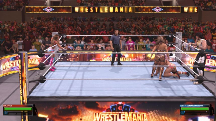 WWE 2K26 gameplay screenshot highlighting wrestler character and environment