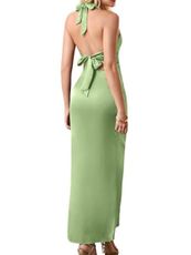 ChiaoLezhee V Neck Dress for Women Halter Backless Wedding Guest Cocktail Bow Open Back Semi Formal Sexy Flowy Maxi Dresses Bridesmaid Vacation Date Night Deep Pastel Satin Silk Light Green Large