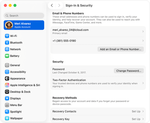 Mac showing Apple Account sign-in and security settings