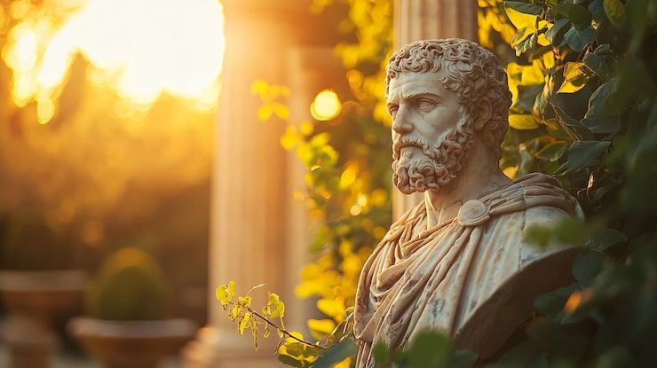 Photo majestic statue of seneca surrounded by greenery at sunset