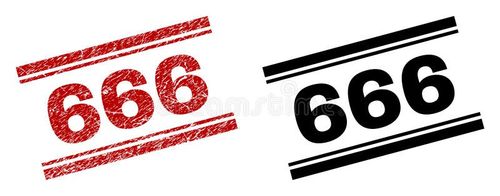 666 stamp seal imprint with red grunge and clean black version. Red rubber print of 666 label with grunge style. Captions are placed between double parallel lines. 666 illustrations