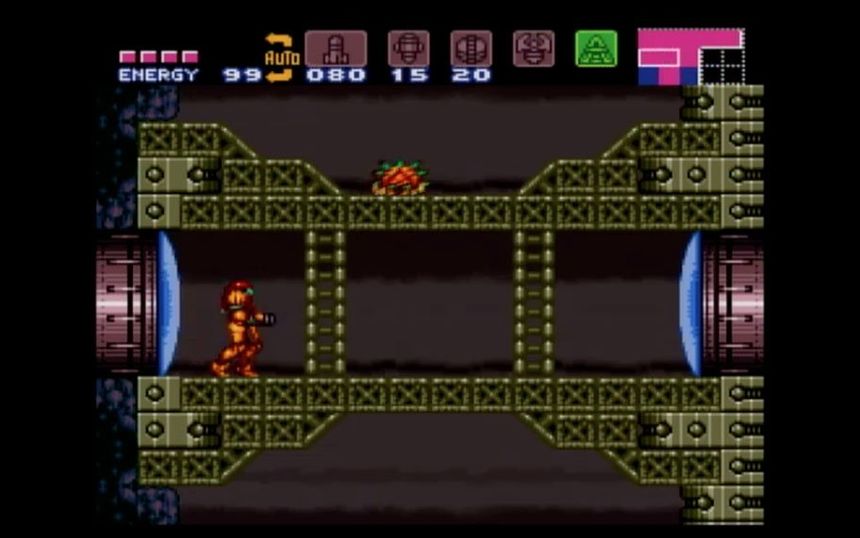 Screenshot of main character walking through a tunnel-like hallway