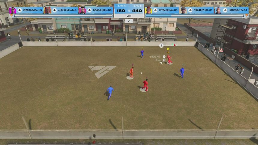 In-game render for a 3v3 match in a neighbourhood pitch with many onlookers present.