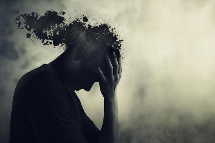 Photo sad man suffering depression insomnia awake and sit alone in the living room sexual harassment and violence against male health concept