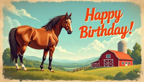 Retro birthday card illustration features majestic horse standing in grassy field near red barn. Countryside landscape with rolling hills, bright sky. Warm, nostalgic rural farm scene. Happy birthday horse stock images, royalty-free photos and pictures